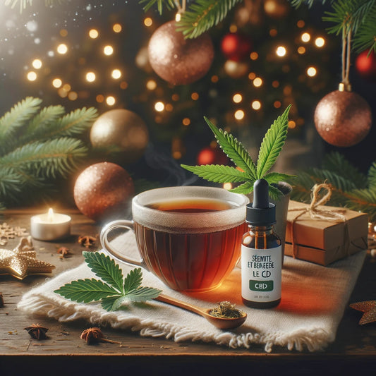 Scène festive et apaisante avec une tasse de thé infusé au CBD et une bouteille d'huile de CBD sur une table en bois, entourée de décorations de Noël et d'une guirlande de branches de pin. Ambiance chaleureuse et relaxante idéale pour les fêtes.